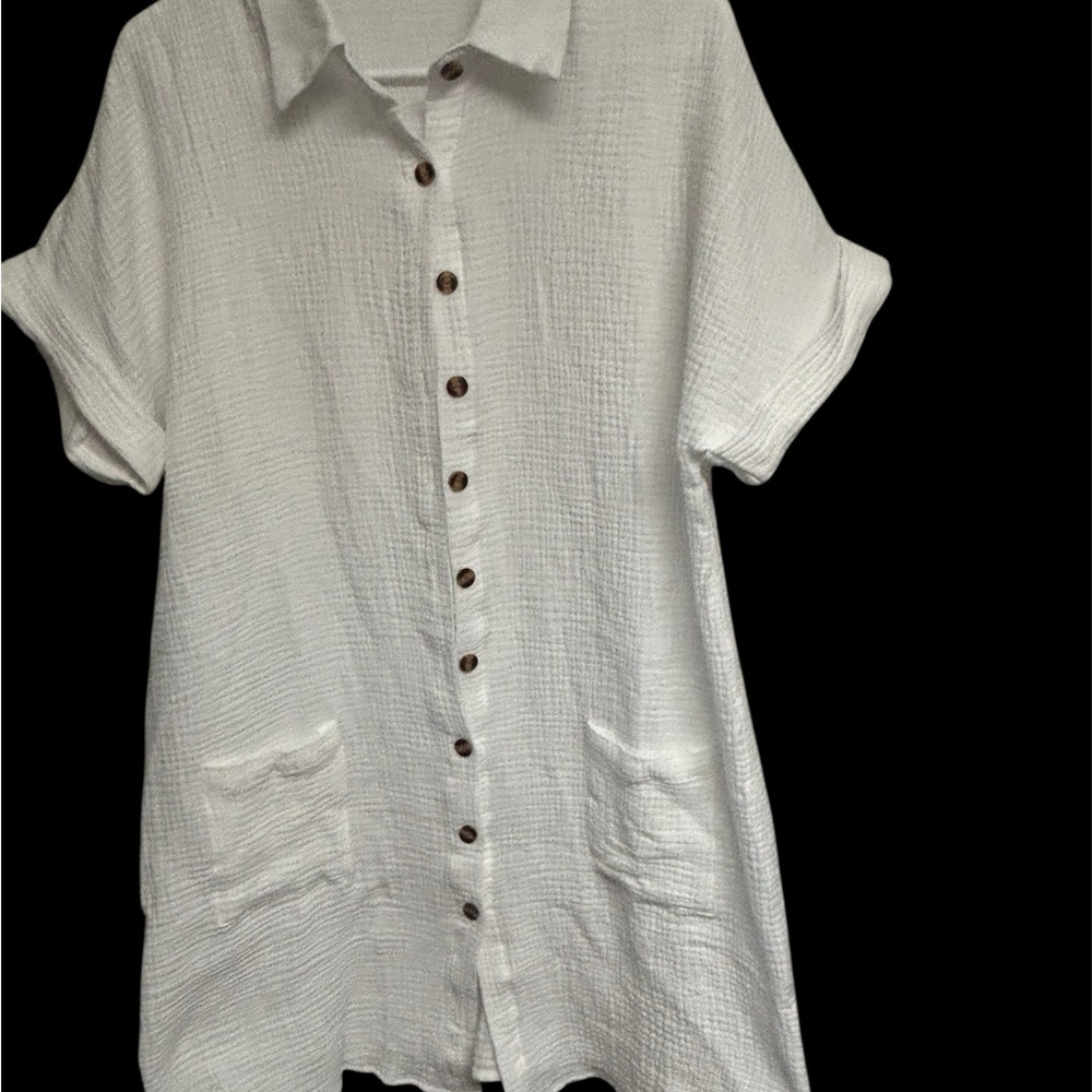 White Button-Up Cotton Muslin Minidress with Pockets New